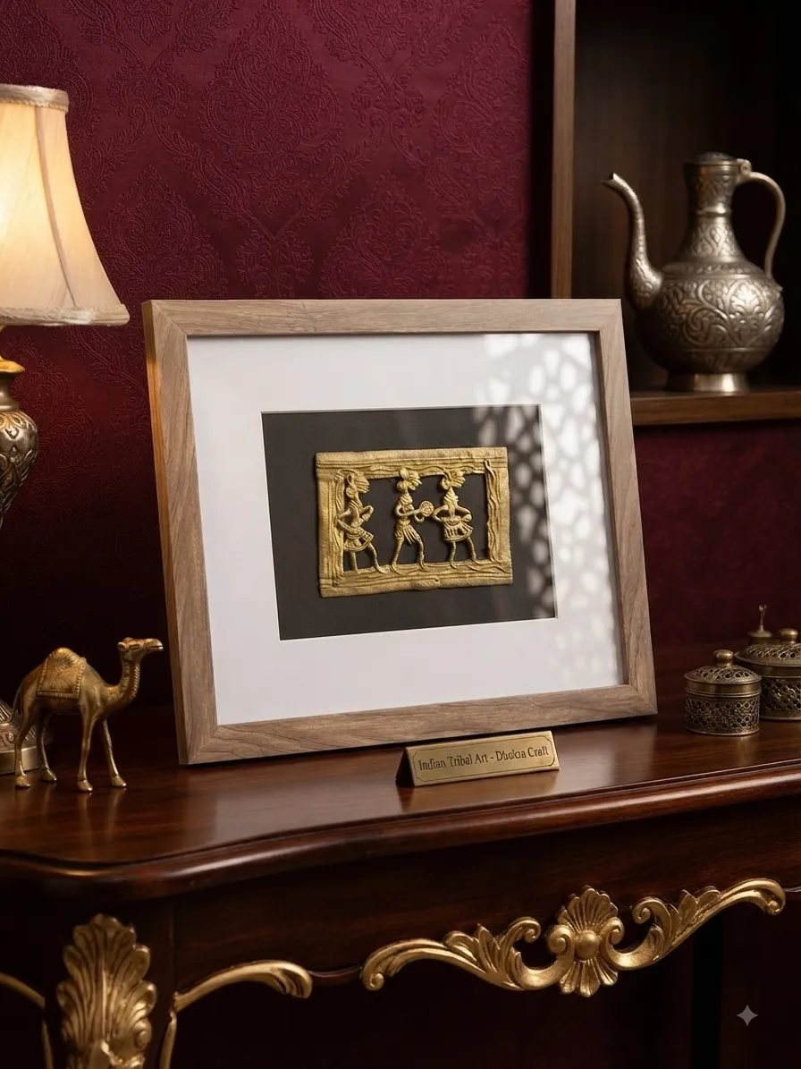 Framed Brass Tribal Musician Plaque — view 2