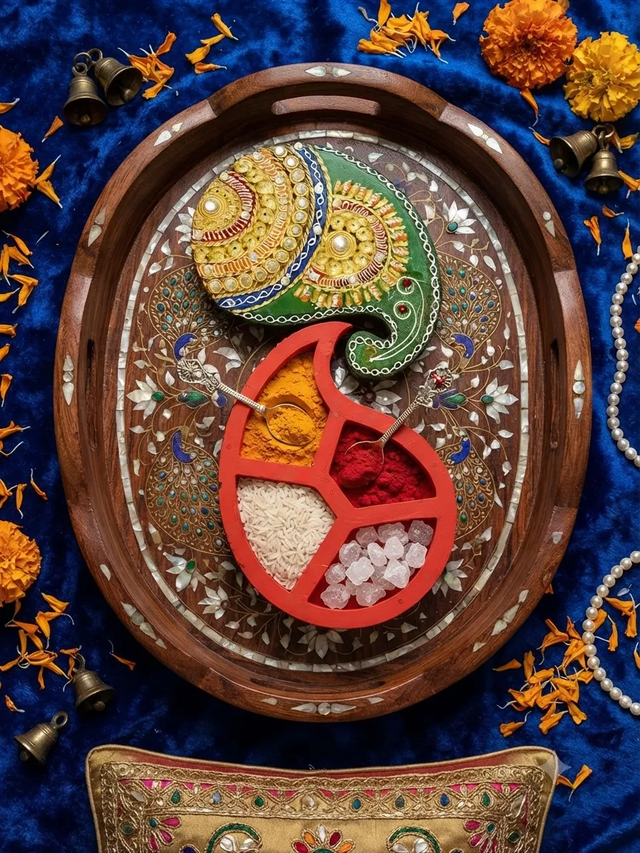 Oval Mango-Wood Pooja Tray, Mother-of-Pearl Inlay